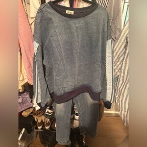 BiBi wide leg washed denim 2 piece sweatsuit with white trim